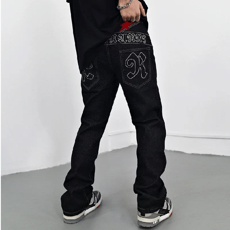 

Spring Retro Ripped Stars Letter Embroidery Black Casual Jeans Straight Pockets Washed Streetwear Mens Denim Trousers
