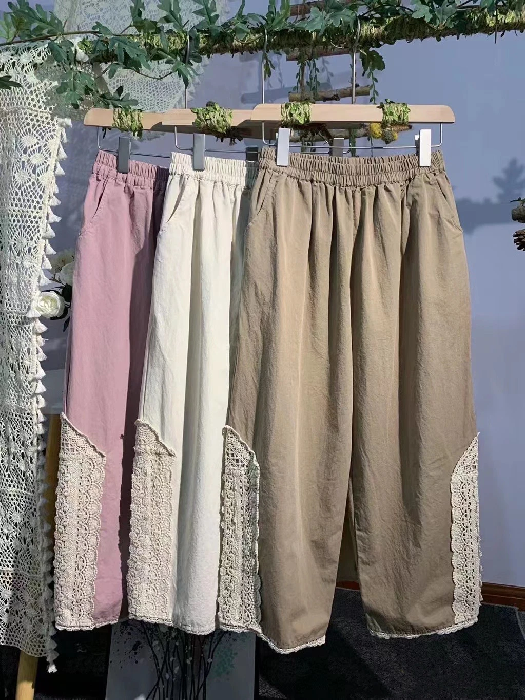 

Mori Girl Japanese Sweet Lace Collage Ankle-length Pants Summer New Elastic Waist Loose Straight Casual Trousers