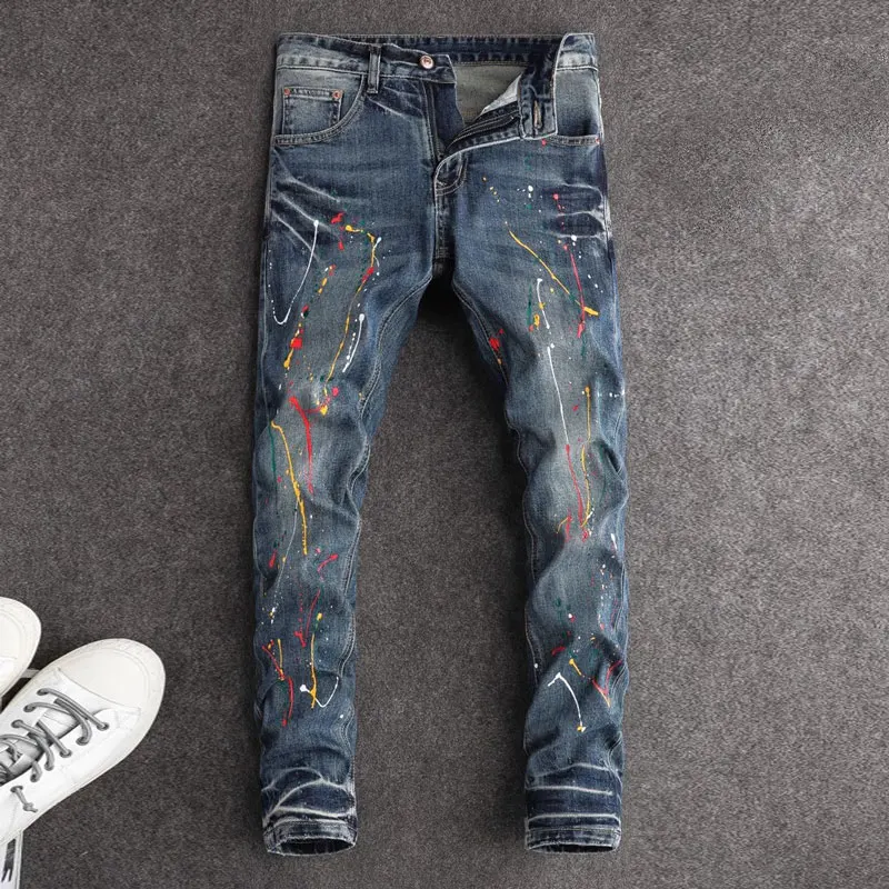 

High Street Fashion Men Jeans Retro Washed Blue Stretch Slim Fit Ripped Jeans Men Painted Designer Hip Hop Denim Pencil Pants