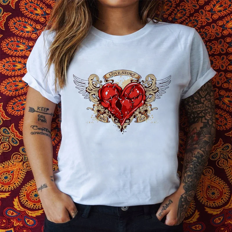 

LOVE STORY Broken Heart Print T-Shirt Women 2021 New Harajuku Gothic T Shirt Short Sleeve Tops Casual Clothing Fashion Tshirt