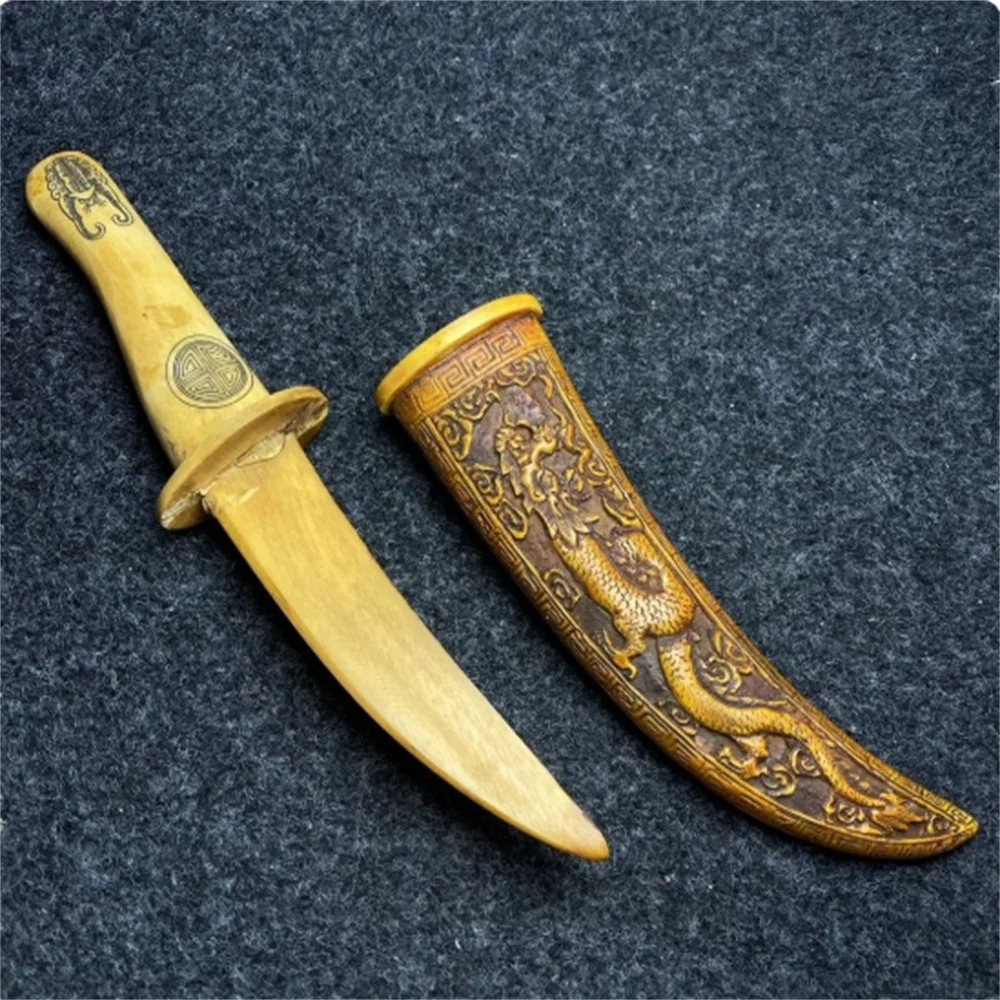 Фото Изысканный нож/меч из кости яка, резной нож из кости зверя с двойным драконом, играющим с жемчужиной №3