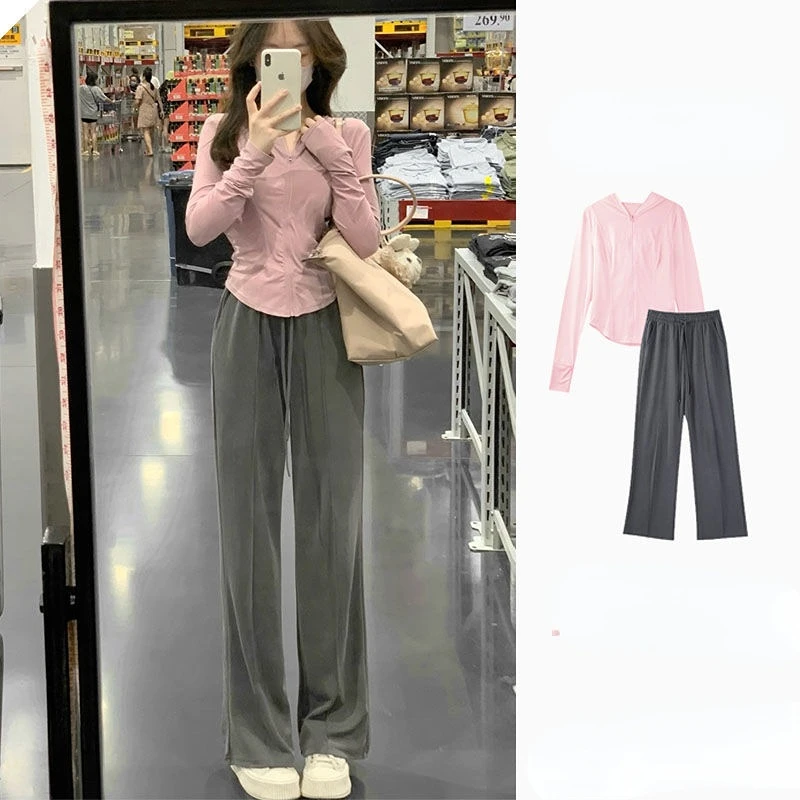 

Весна 2023, чувство имперского императора, Солнцезащитная одежда с капюшоном в стиле знаменитостей, брюки с широкими штанинами, комплект из двух предметов Y2K