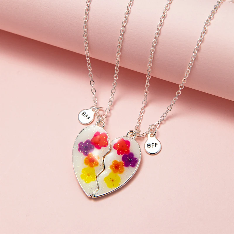 

2Pack Flower Sequins Broken Heart Pendant Girl Friendship Necklace Best Friends BFF Children Jewelry