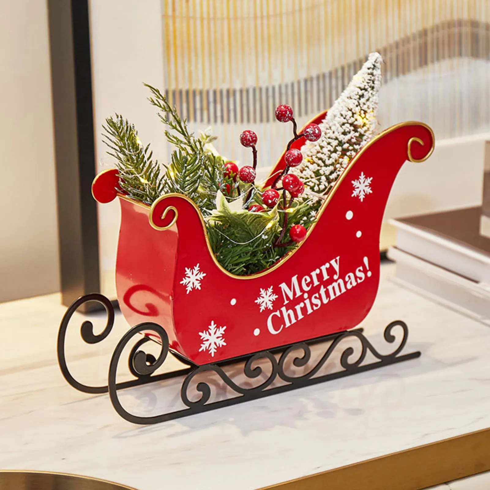 

Merry Christmas Red Sledge Metal Sleigh with Light Strings Christmas Craft Supplies Indoor Decoration Christmas Decoration Gift