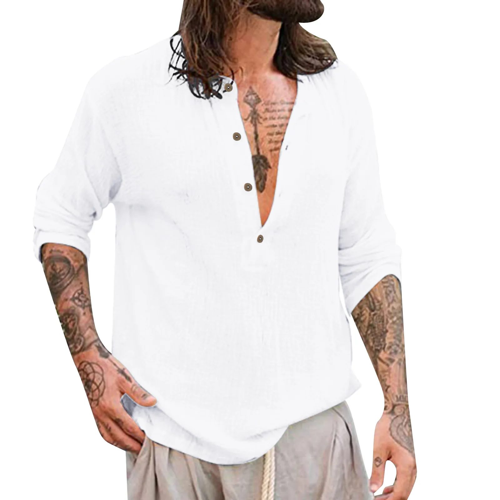 

Shirt Collar Jumpsuit Men Fashion Casual Top Shirt Simple Comfortable Solid Color Button Collar Shirt Men Banded Collar Shirt
