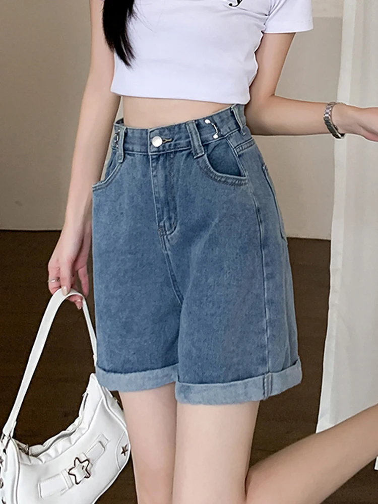 Streetwear Women High Waist Adjustable Loose Denim Shorts Summer Female Button Retro Wide Leg Jeans Shorts Bottoms