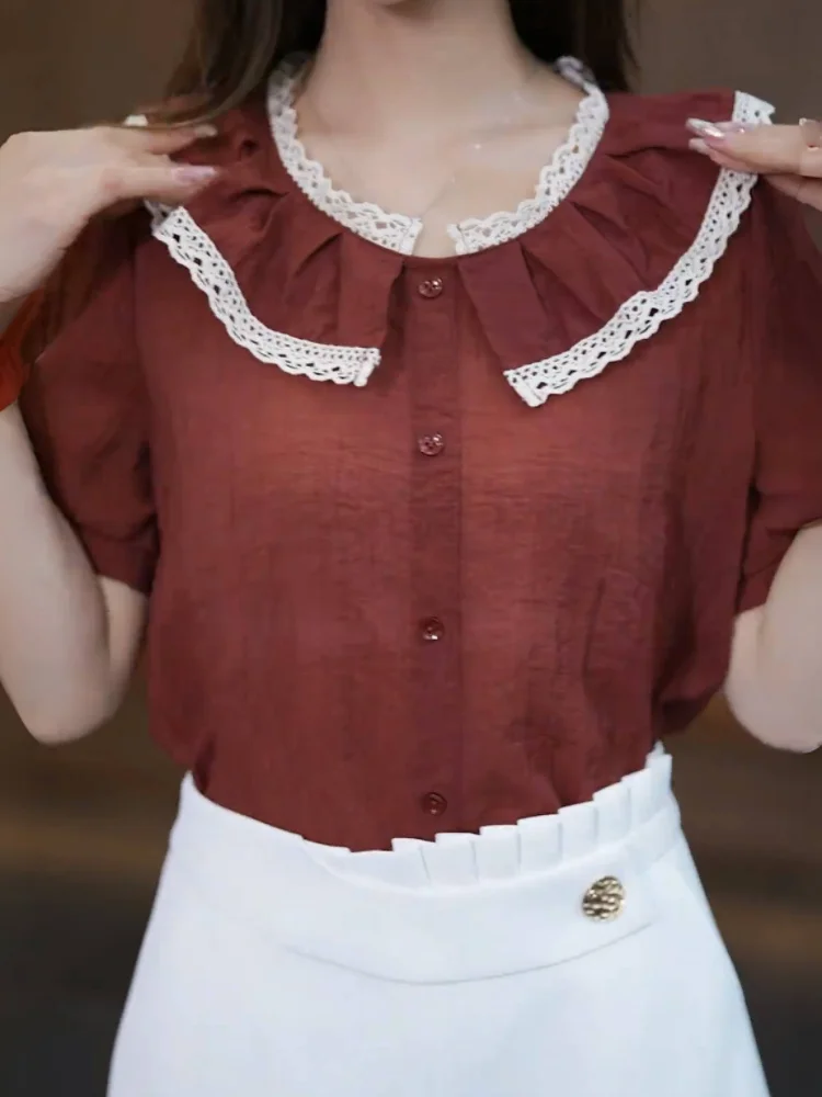 Рубашка с кукольным воротником и коротким рукавом женские летние новые
