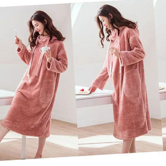 

Women Nightgowns Solid Hooded Mid-calf Plus Velvet Casual Loose Soft Flannel Fashion Korean Kawaii Ulzzang Warm Sleepshirts Chic