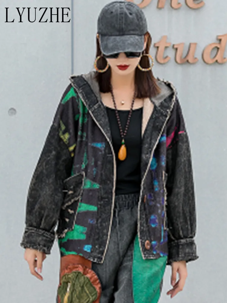 

LYUZHE Fashion Hooded Denim Women 2023 Spring Autumn Loose Printing Splice Cardigan Single Breasted Colorful Vintage Coat LWL482