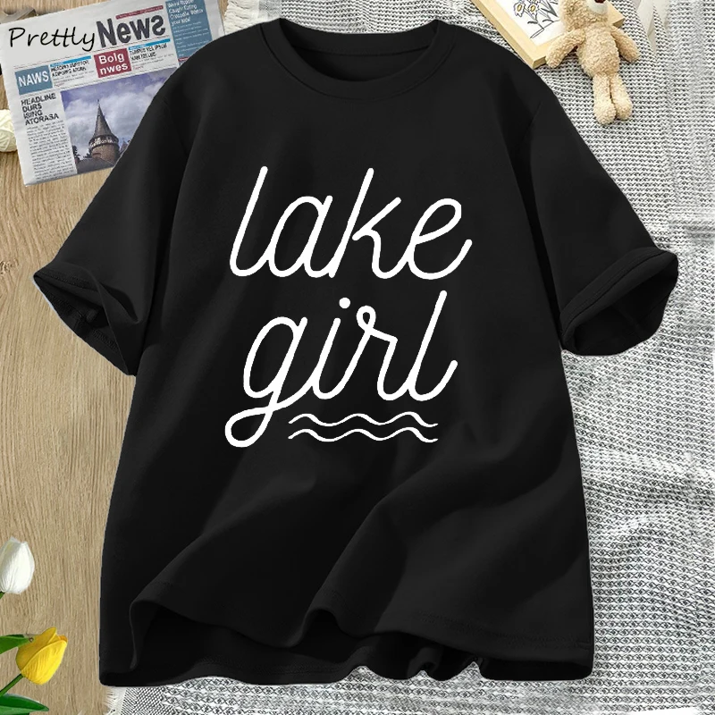 

Lake Girl Women's Cotton T-shirts Summer Short Sleeve Printed T-shirt Ladies Tshirt Vintage Clothing Oversized Tops