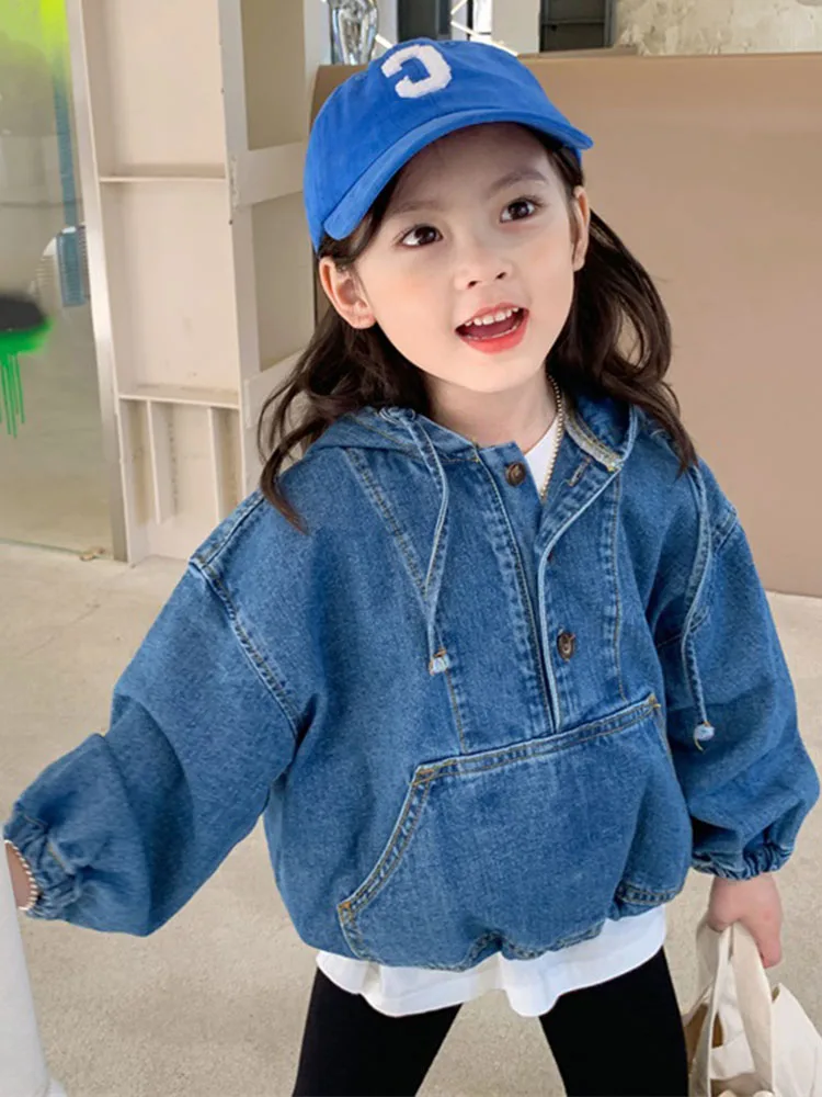 

Girls Denim Hooded Jacket 2022 Spring Autumn New Fashion All-Match Jean Hoodies Korean Style Solid Color Casual Children's Tops