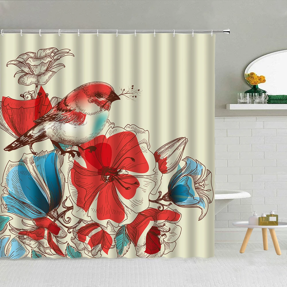 

Traditional Ink Painting Shower Curtain Red Plum Blossom Tiger Bamboo Landscape Bathroom Decor Classical Hooks Curtains