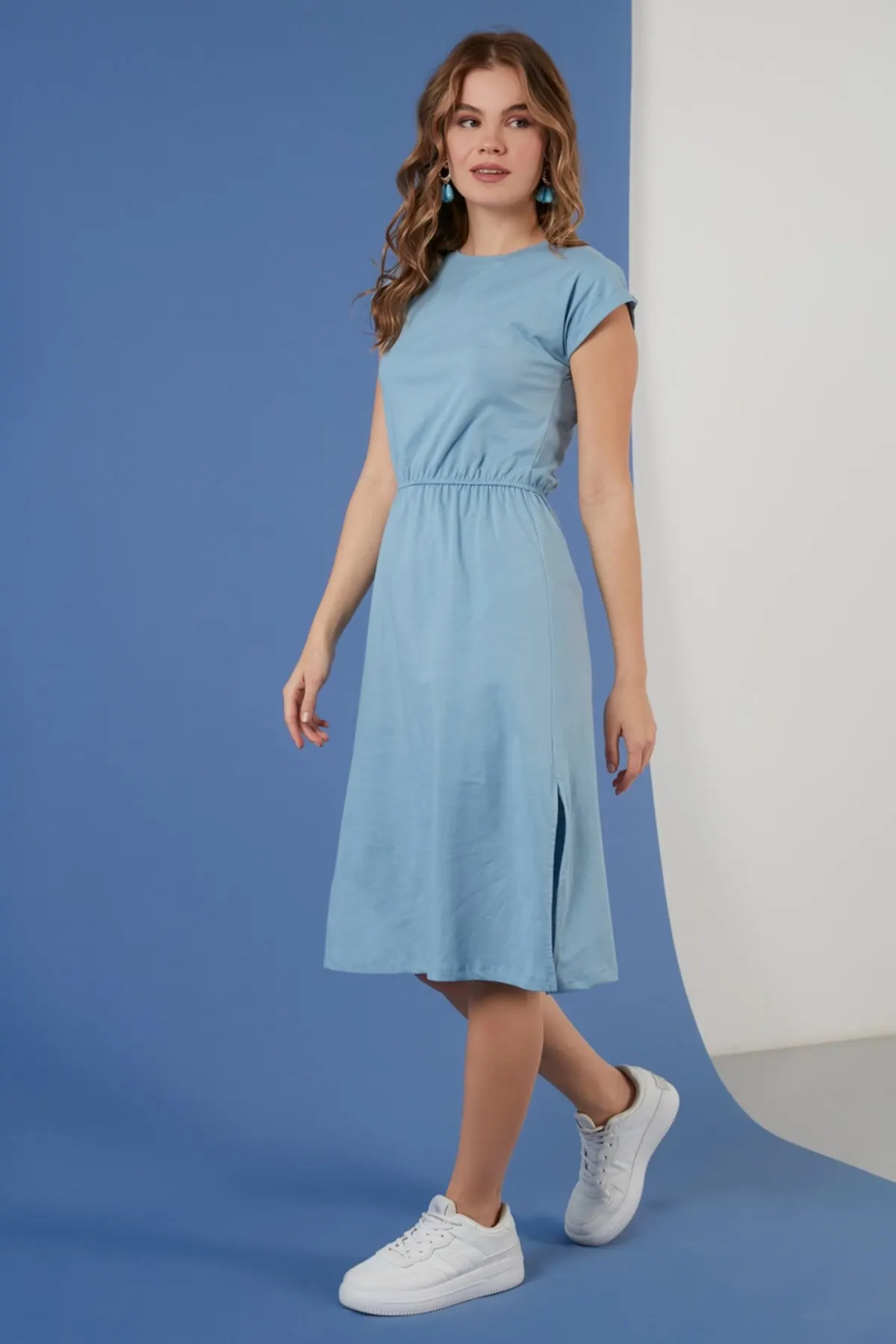

Women's Dress Cotton Short Sleeve Double Slit Midi Ladies Summer Fashion Casual Short Sleeve Elegant Dress