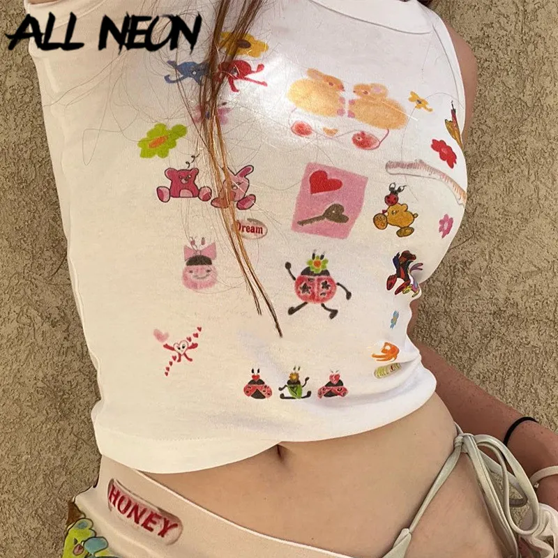 

ALLNeon Kawaii Y2K Fashion Cartoon Graphic White Baby Tank Cute Indie Aesthetics Scoop Neck Print Sleeveless Vest Retro Crop Top