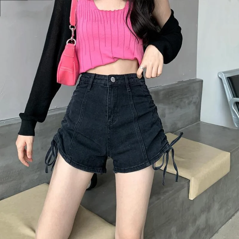 

High Waist Denim Shorts Summer Black Thin Section Elegant Fashion Temperament Drawstring A-line Jeans Ladies Beautiful Trend Y2K