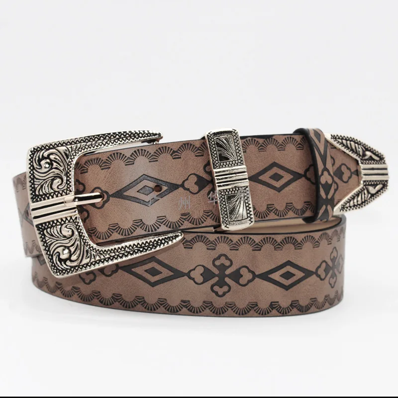 

Retro Print Alloy Buckle Head Belt Simple Pin Buckle Gothic Wind Floral Dress Jeans Accessories Trendy Hundred Belts for Women