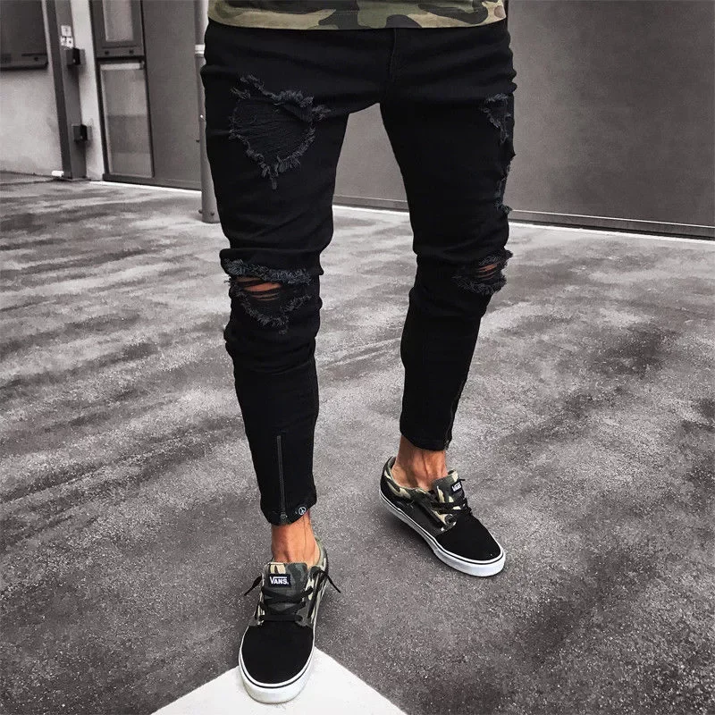 

NEW IN Cool Designer Brand Black Jeans Skinny Ripped Destroyed Stretch Slim Fit Hop Hop Pants With Holes For Men