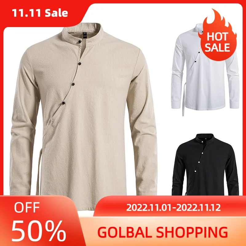 

LUCLESAM Мужская рубашка со скошенной планкой, рубашка со шнуровкой и воротником-стойкой, Новинка осени 2022, Льняная мужская рубашка для йоги