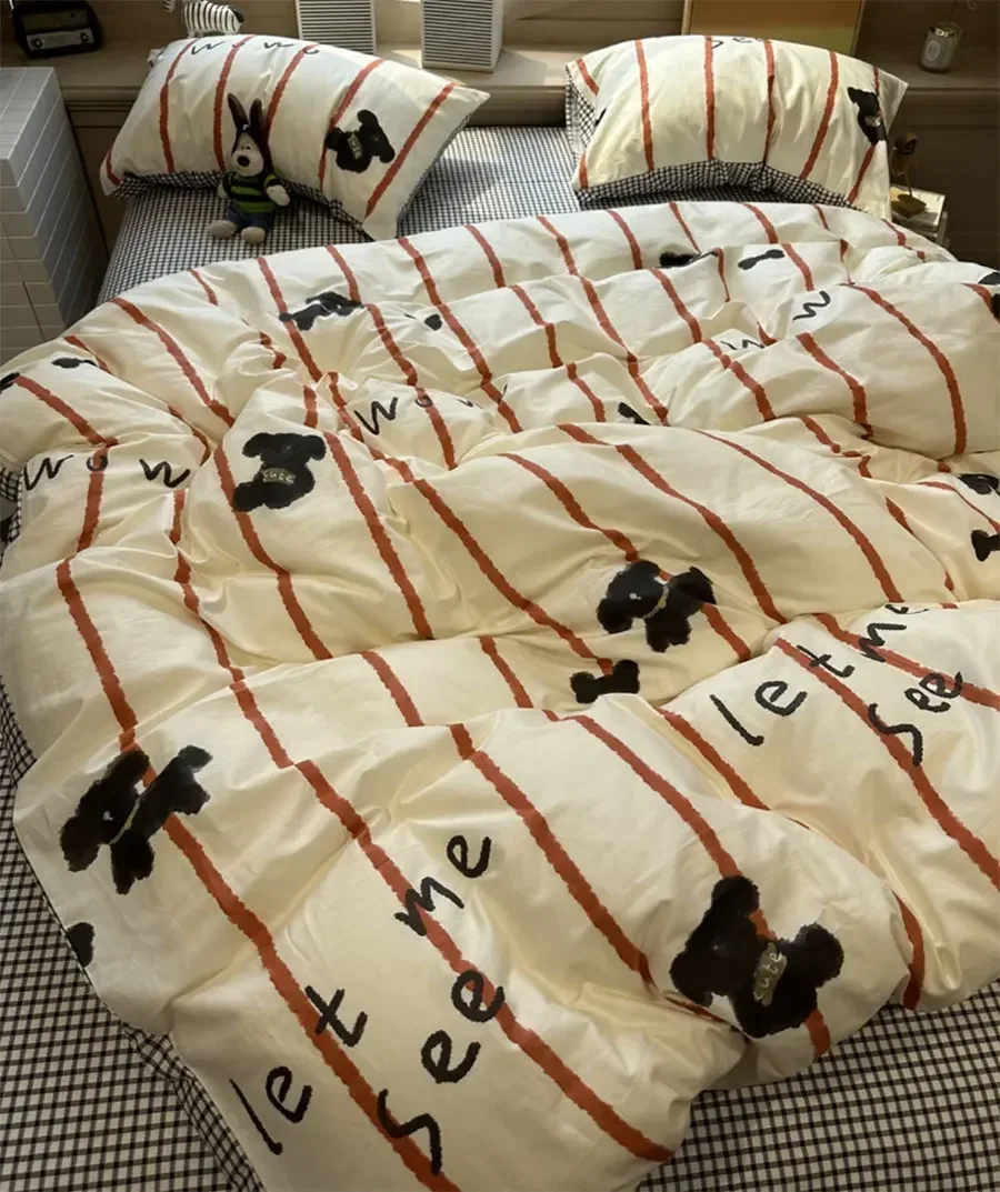 Хлопковое постельное белье Cartoon Teddy Dog Stripes