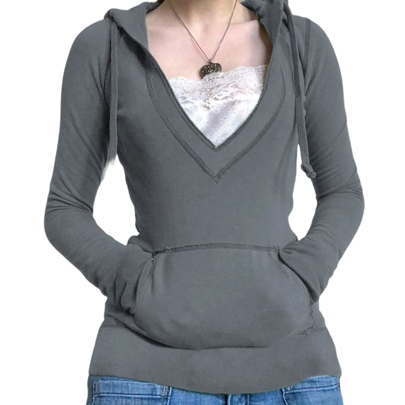 

Women V-Neck Casual Sweatshirt Blouse Lightweight Pullover Hooded Long Sleeve Loose Streak Top Cropped Shirt with Pocket MXMA