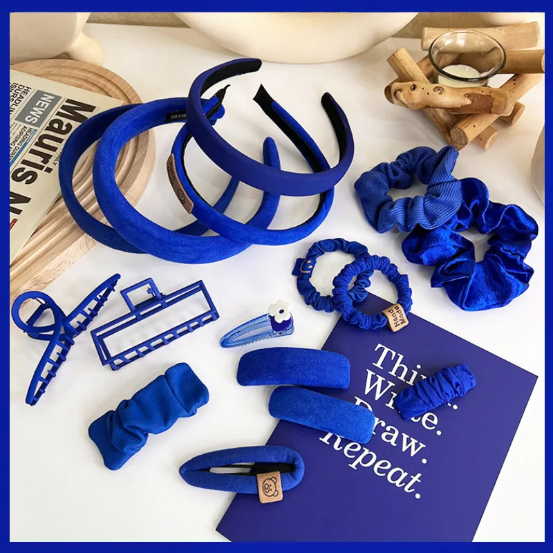 

2022 NewBlue hair ornament hair band simple hair clip retro versatile blue hair circle Korean version hair rope grip clip