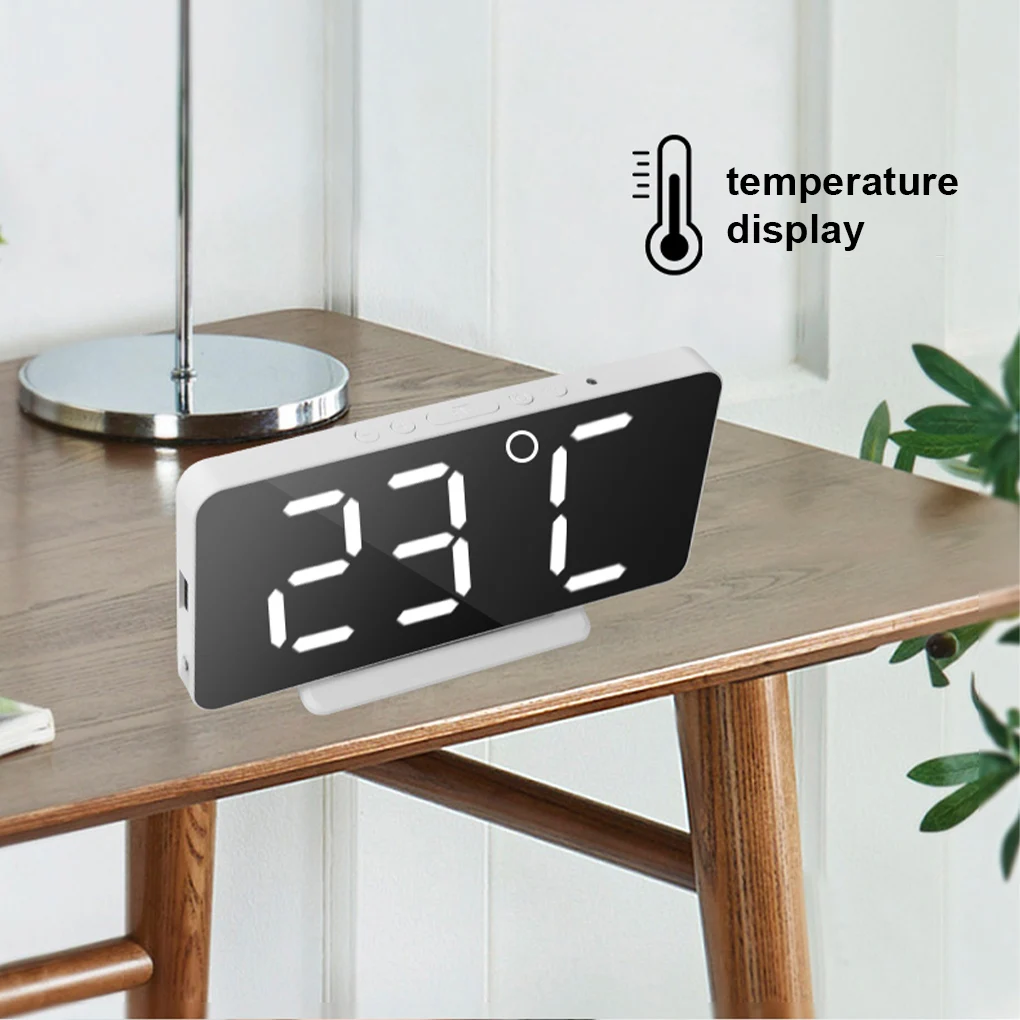 

Digital Alarm Clock LED Curved Surface Mirror Electronic Tabletop Clock Diming Mode Adjustable Display Wake Up Clocks Devices