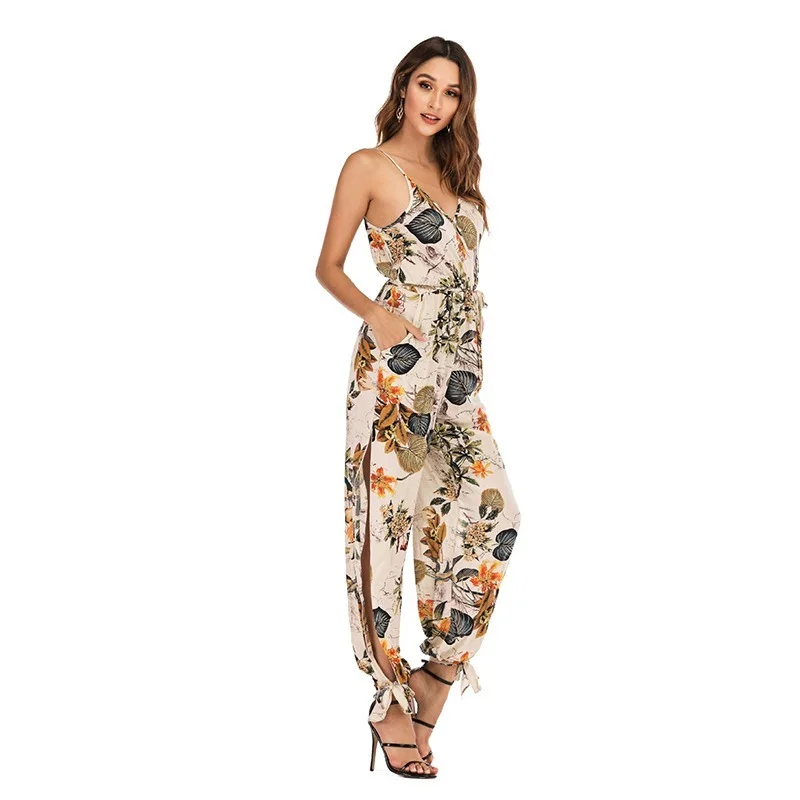 2021 Summer Women Deep V-Neck Halter Casual Jumpsuits Elegant Floral Print Sexy Sleeveless Backless Beach Romper Pants Playsuit