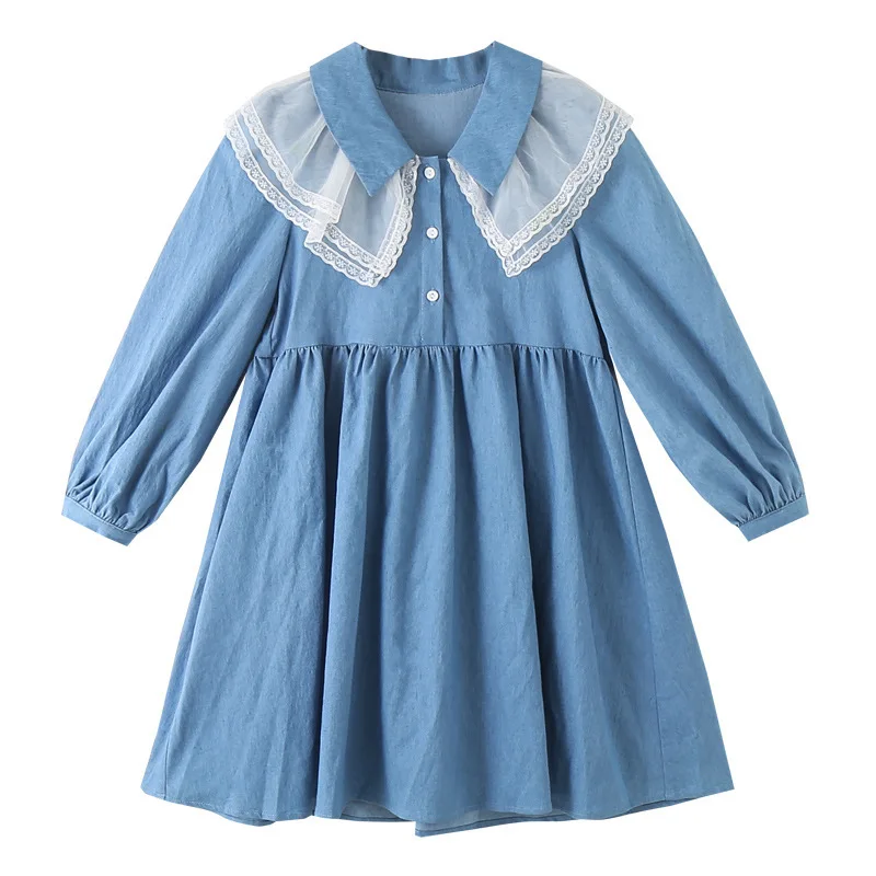 

Spring 2022 New Kids Girls Denim Dress Children Cotton Clothing Girls Fashion Patchwork Dresses, #6765