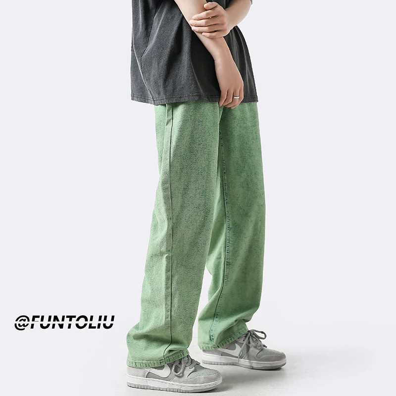 Green/Blue/Black/Pink Baggy Jeans Men Fashion Casual Wide Leg Jeans Mens Streetwear Loose Hip Hop Straight Denim Trousers Men