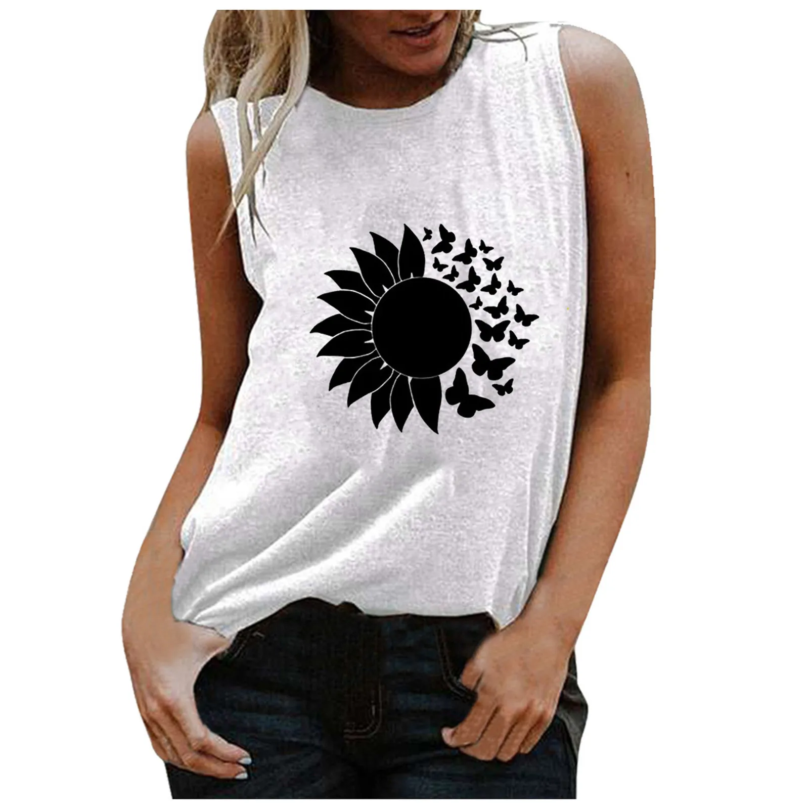 

Серия без рукавов, СВОБОДНЫЙ Модный Повседневный женский топ с принтом подсолнуха, женская блузка, топ на бретелях