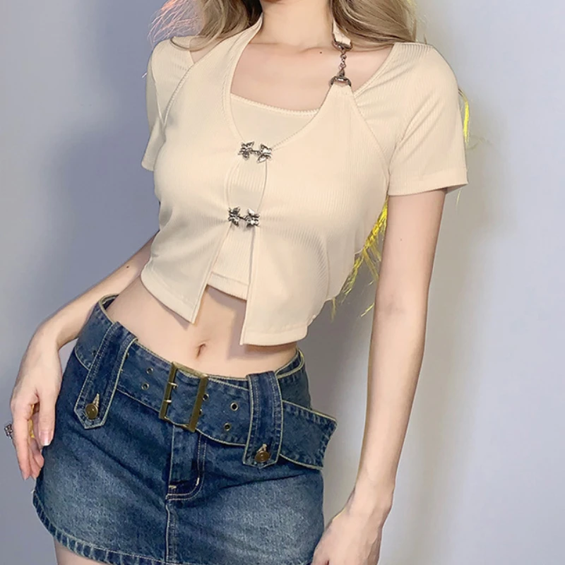 

Y2k милый однотонный Молодежный милый прямой с двойной шеей металлический яркий тонкий трикотажный Летний дышащий женский короткий топ