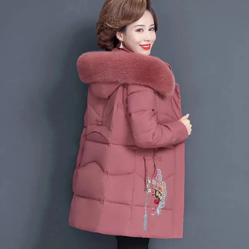 Middle Aged Women Cotton Padded Coat Down Jacket New Fashion Hooded Fur Collar Parkas Women Winter Jacket Coat Outerwear