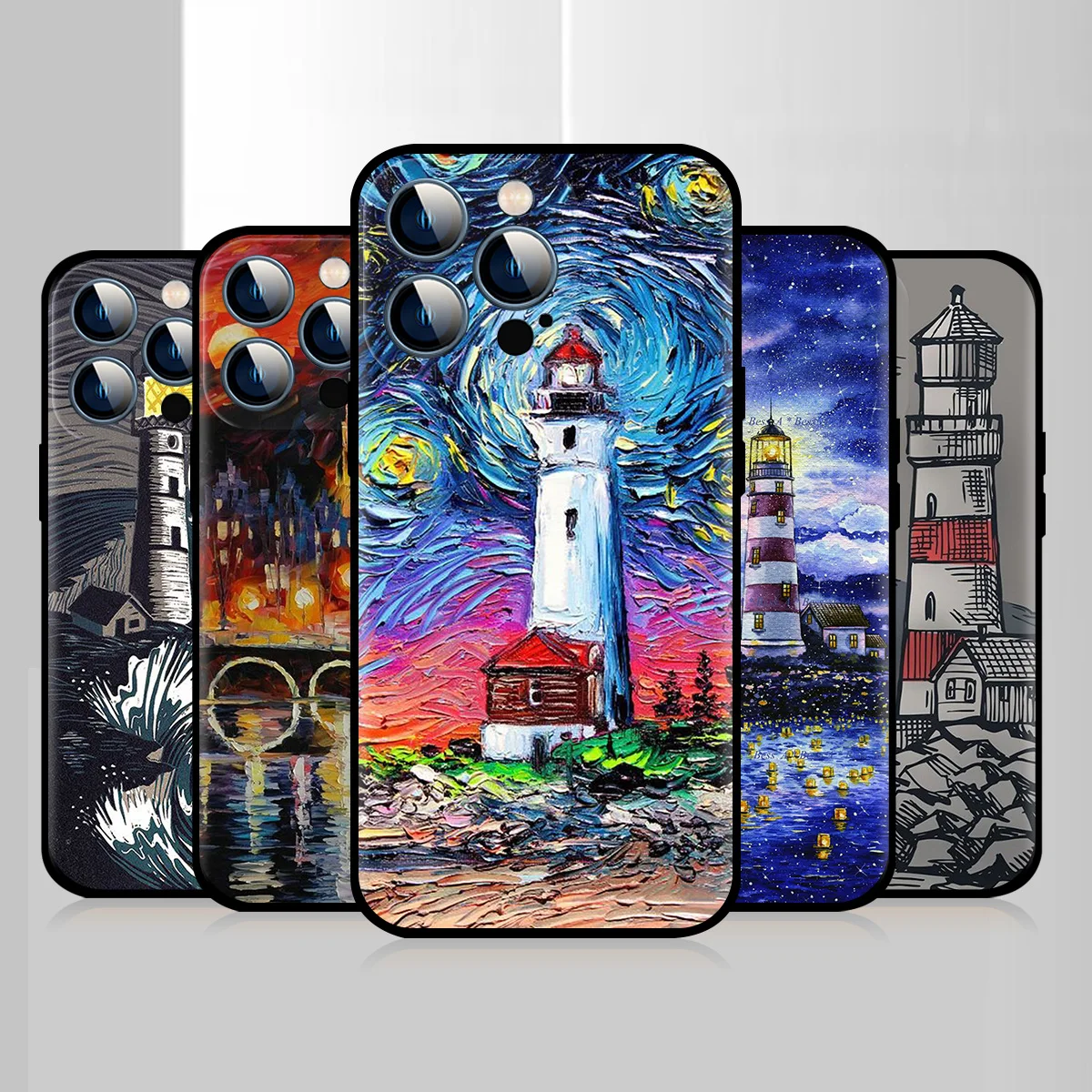 

Black Soft Case For Apple iPhone 14 12 13 Mini 11 Pro Max X XS XR 7 8 Plus 6 6S Funda Phone Covers Oil Painting Of Iighthouse