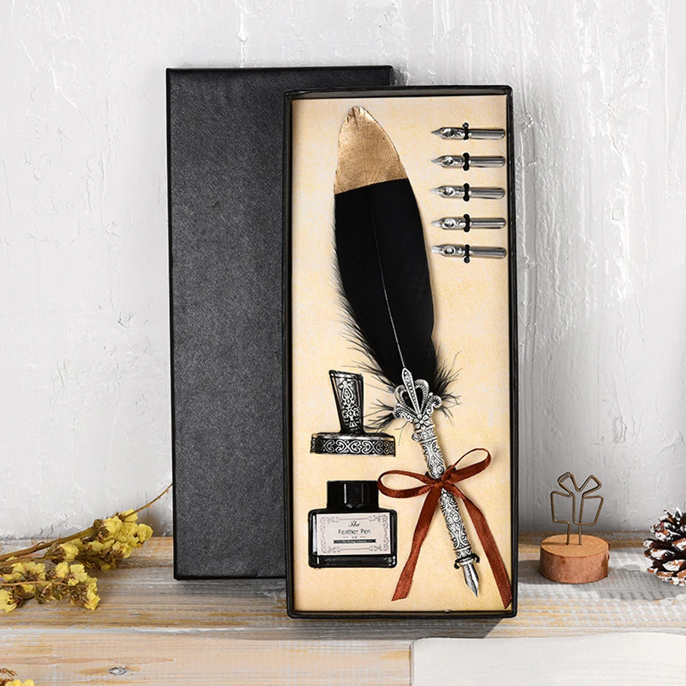 

Luxury Fountain Pen Set Vintage Feather Pen Ink Bottle Calligraphy Writing Dip Pen Birthday Gift Box 5 Nib Quill Fast Shipping