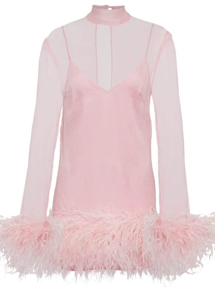 Новинка лета 2024 танцевальное платье с перьями модель джазовый костюм сетчатый