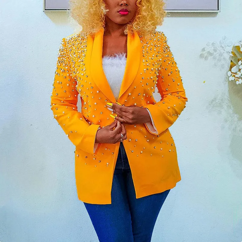 Newest 2023 Stylish Designer Beading Blazers Jacket Women's V-neck Long Sleeve Lapel Long Blazer Outwear