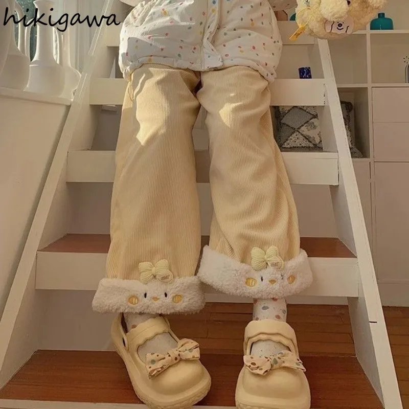 Японские широкие брюки новинка 2024 утолщенные винтажные милые с высокой талией