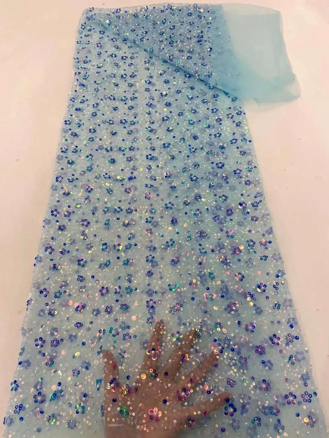 

Небесно-Голубой нигерийский тюль, кружевные ткани с бусинами, высококачественные роскошные африканские блестки, французское Тюлевое кружево для фотографий WS7780V