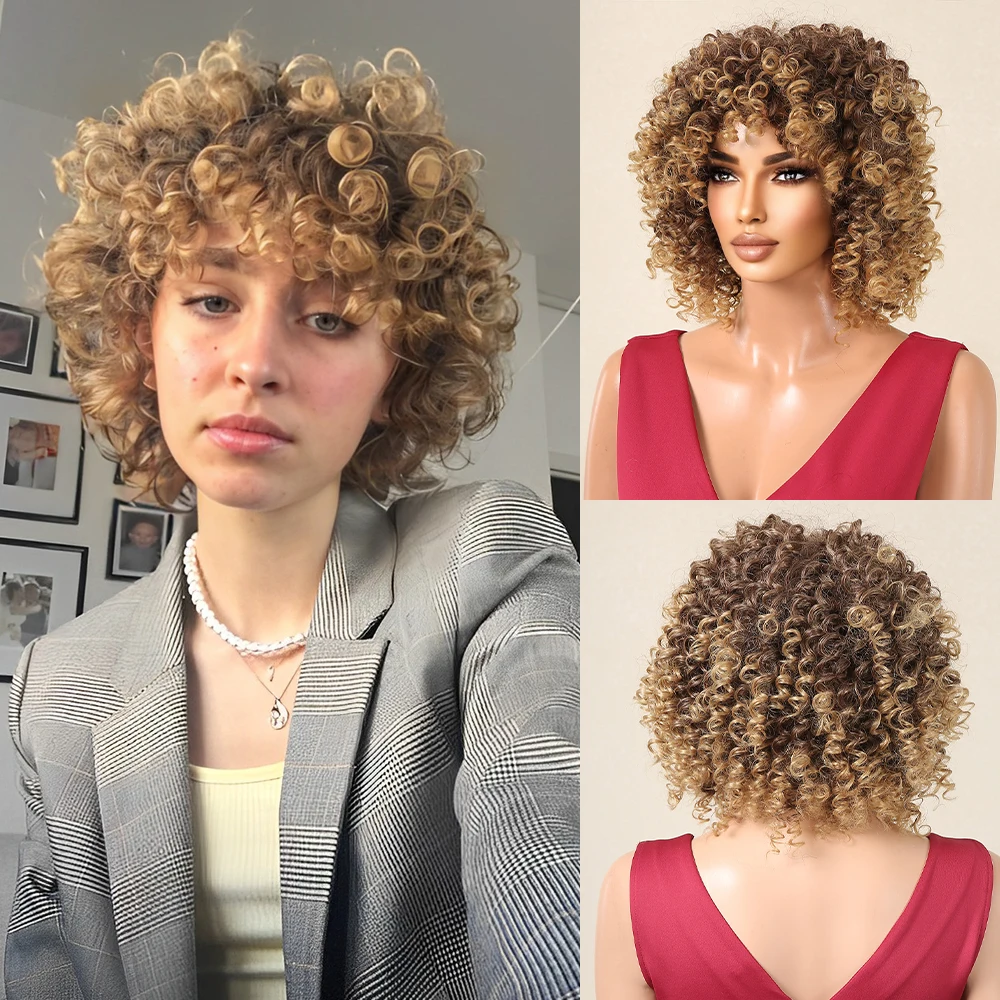 

HAIRCUBE Ombre Brown Blonde Afro Synthetic Wig for Women Short Kinky Curly Wig With Bangs Daily Cosplay Heat Resistant Fake Hair