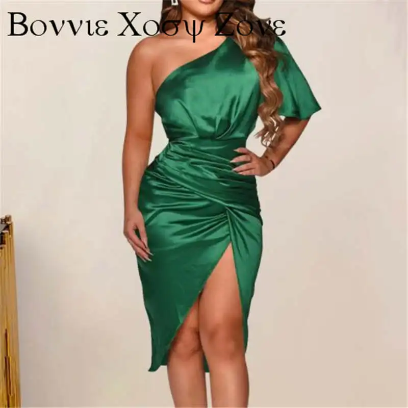 

Dress For Women 2022 One Shoulder Satin Ruched Slit Party Dress Vestidos Elegantes Para Mujer