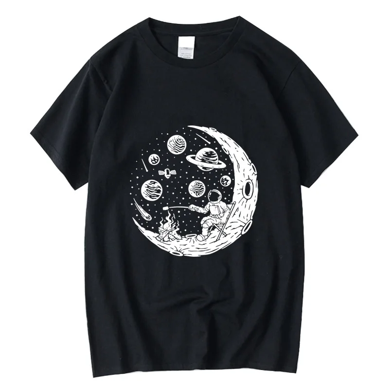 XIN YI Men's T-shirt High Quality 100% cotton Funny astronaut moon barbecue print casual loose cool men o-neck t-shirt tee tops
