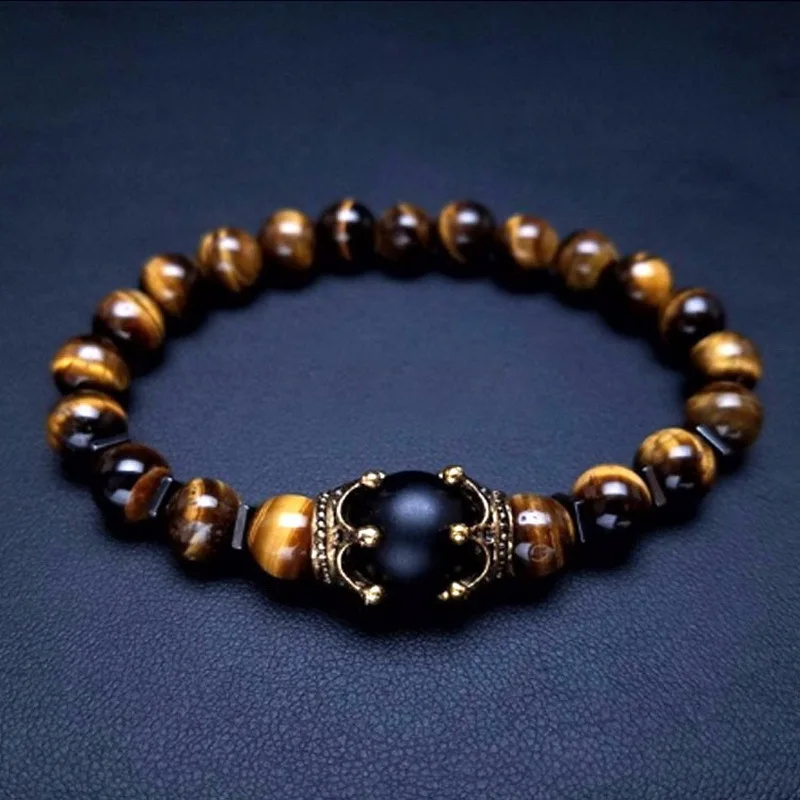 

Fashion Exquisite Tiger Eye Beads Elastic Beaded Bracelet Punk Men's Alloy Crown Charm Bracelet Party Jewelry Gift Accessories