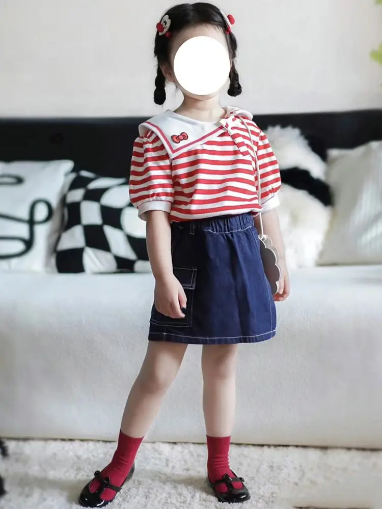 

2023 Summer Girls Sets Tops T-shirts Pullover Striped Jean Skirts A-line Above Knee Length Korean Solid Sweet Fashion Designable