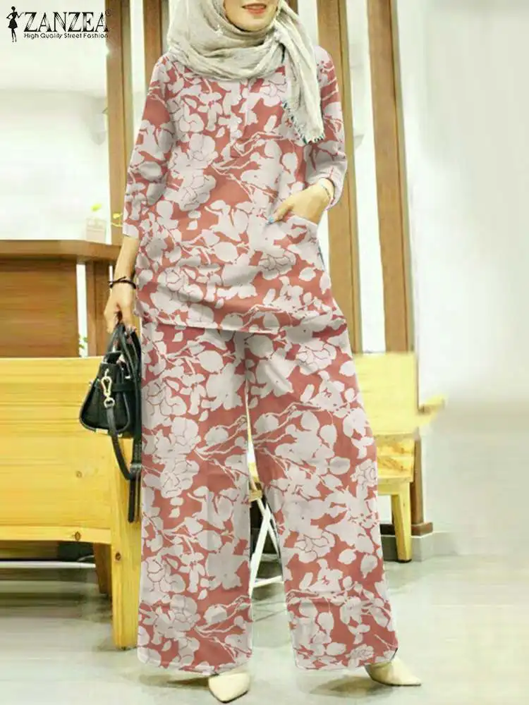 

2pcs ZANZEA Women Dubai Turkey Matching Sets Vintage Floral Printed Muslim Sets Autumn Casual 3/4 Sleeve Blouse Trouser Suits