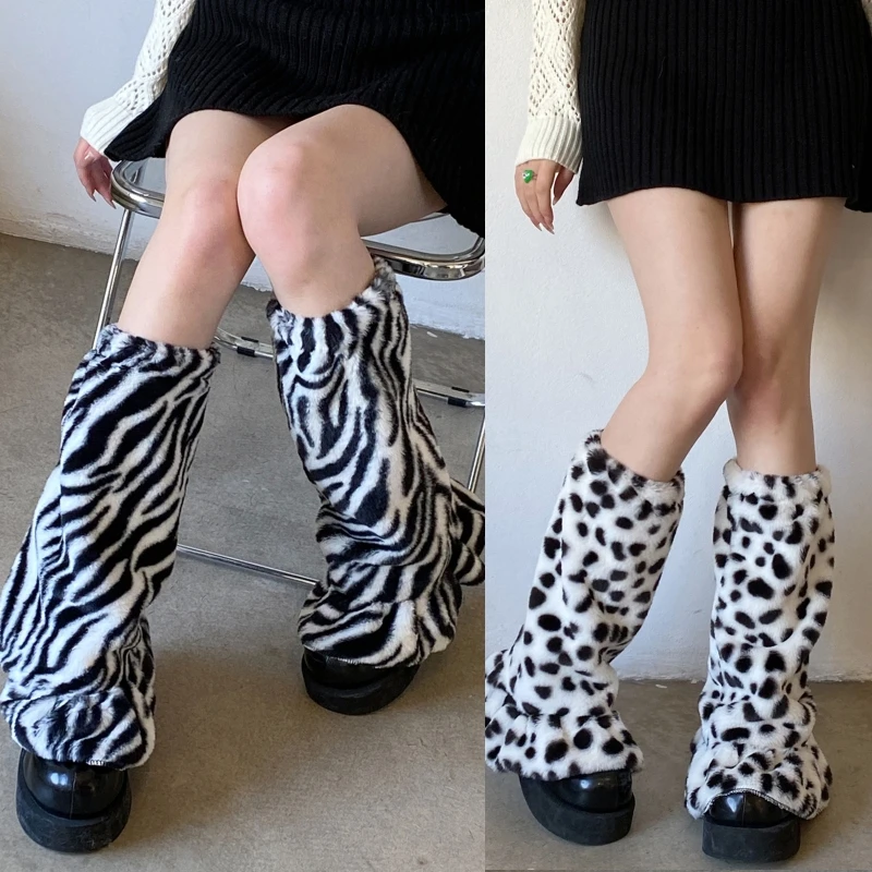 

Women Girls Kawaii Winter Plush Leg Warmers Harajuku Cow Zebra Striped Animal Print Lolita Foot Boots Cover Ruffled Hem New