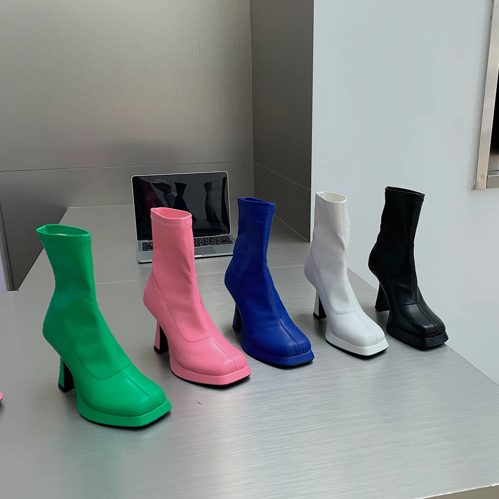 

Platform Shoes For Women Ankle Boots Sock Booties Thick High Heels Stretch Shoes Slip On Autumn Winter Short Booties Blue Green