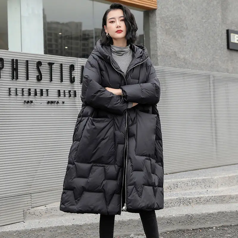 Korean Version of White Duck Down Jacket 2022 Winter New Down Jacket Women's Mid-length Over-the-knee Loose Wide Version Hood