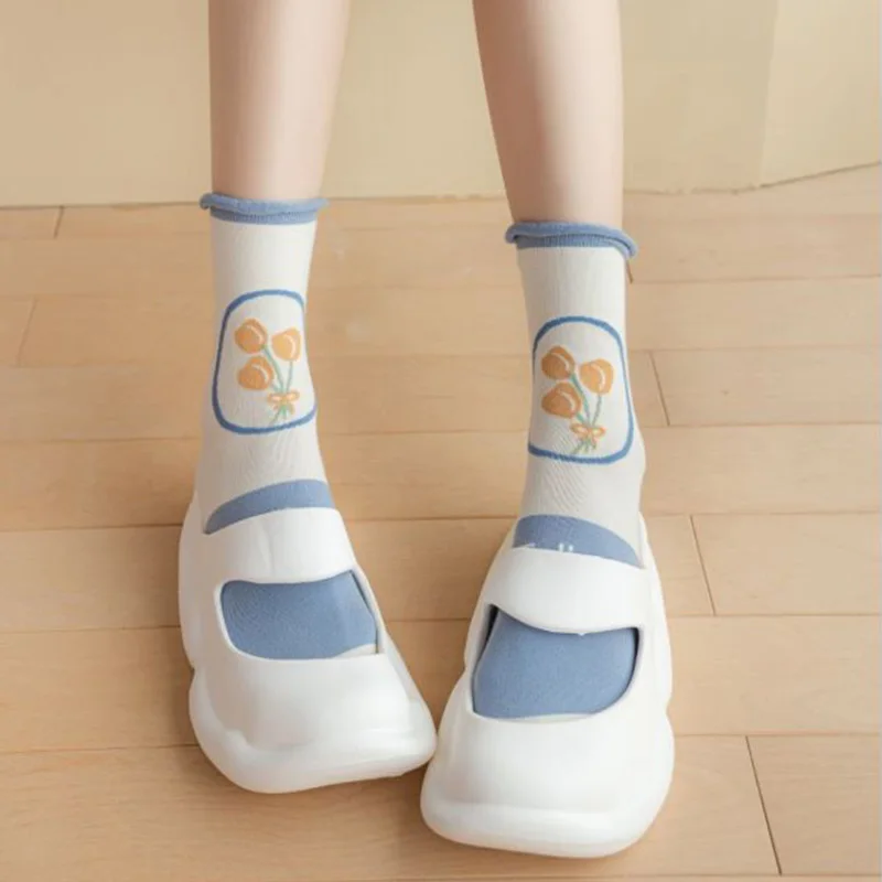 5 Pairs Lolita Fashion Printing Cotton Socks Women Long Autumn Winter Slouch Socks Japanese Style Kawaii Streetwear Woman Socks