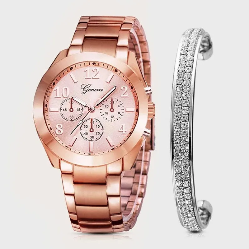 시계 + 팔찌 여성을위한 2 개/대 팔찌 시계 크리스탈 럭셔리 간단한 골드 시계 쥬얼리 세트 선물 Relojes 파라 Mujer