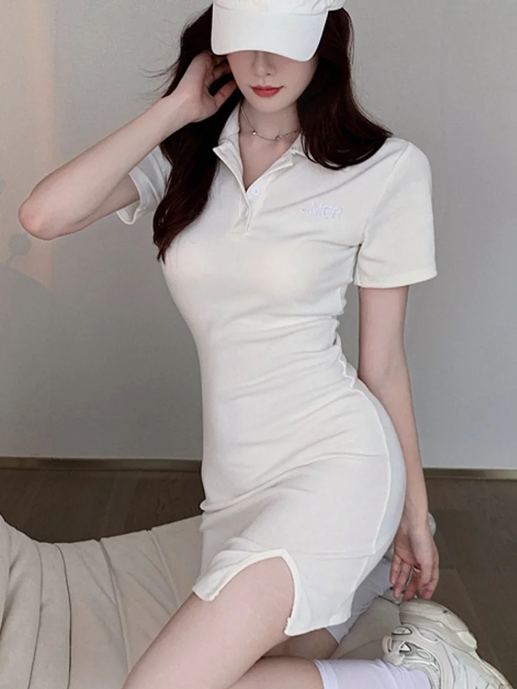 

Women Summer New Polo Collar Sexy Slim Short Dress 2022 Korean Sweet Preppy Style Short Sleeve Female Solid Color Dresses Verano
